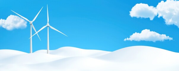 Wind turbines on snow-covered hills under a blue sky with clouds.