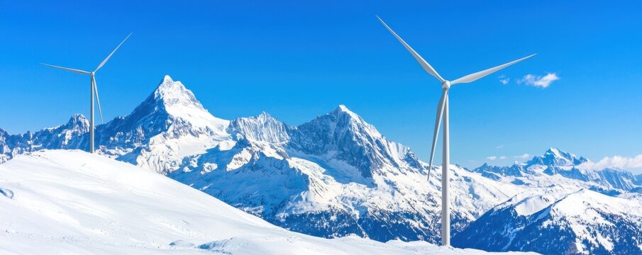 Snowy mountains with wind turbines under a clear blue sky.