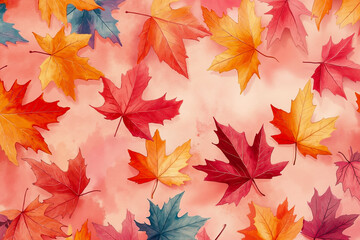 A bunch of colorful maple leaves on a pink background