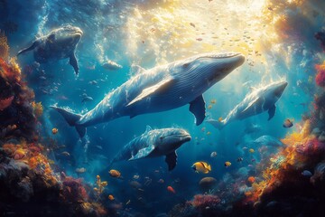Naklejka premium Majestic whales and dolphins swim harmoniously through vibrant ocean waters under bright sunlight
