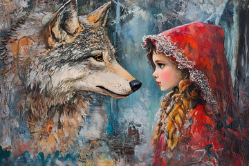 A girl in a red hood gazes at a wolf, blending fairy tale elements with artistic expression.