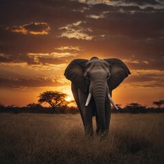 Obraz premium Capture an elephant silhouetted against a sunset.