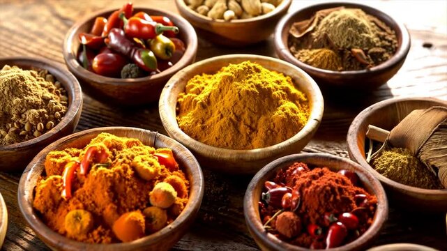 Assorted Indian Spices and Masalas in Bowls, Vibrant Colors and Aromatic Ingredients.