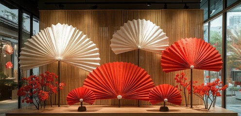 Festive paper fans shop window display