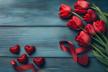 A bouquet of red tulips sits on a wooden table with a red heard-shape and ribbons. 