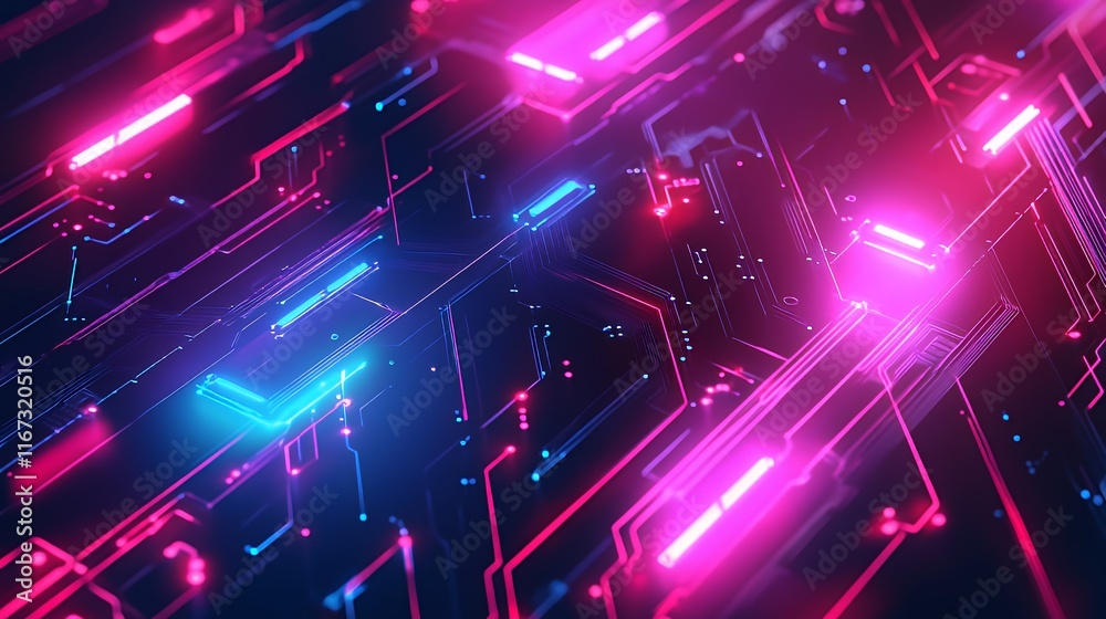 Poster abstract neon circuit board design with pink and blue lines