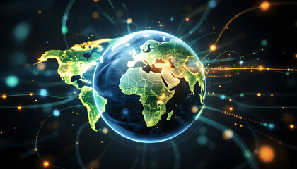 Global Network, Connected World Technology, World Connectivity, Data Network Visualization, Global Communication, Digital Earth Network