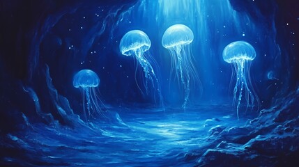 Fototapeta premium Luminous Jellyfish Illuminate Dark Underwater Cave
