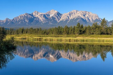 Majestic mountain range reflecting in a crystal-clear lake, a serene natural landscape of the Canadian national park system. The beautiful blue sky, golden hour lighting, and pine trees
