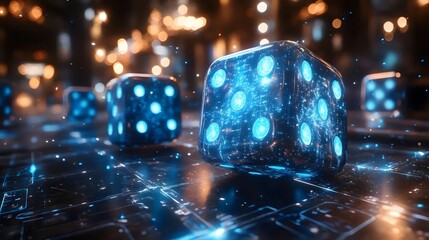 A group of blue cubes with dots on them are arranged on a black background