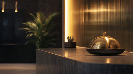 Hotel room service bell with Gold service bell on a marble reception desk in a modern hotel lobby.