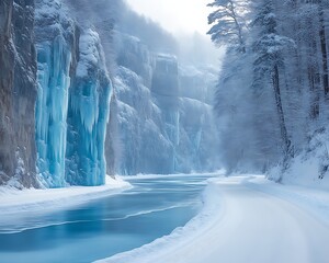 Frozen river canyon winter landscape.