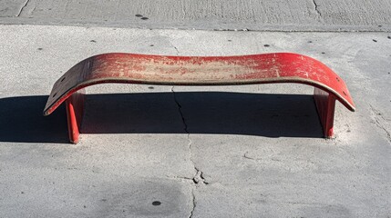 A worn red skateboard ramp resting on a cracked concrete surface.