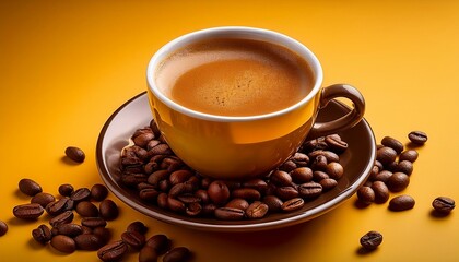 Fototapeta premium cup of espresso with espresso beans on yellow historical past