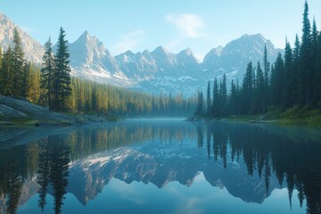 Fototapeta premium Majestic mountain range with a serene lake and pine trees at sunrise in the Canadian Rocky Mountains, reflection of a ghostly forest in crystal-clear water, blue sky