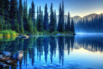 Fototapeta premium Majestic mountain range with a serene lake and pine trees at sunrise in the Canadian Rocky Mountains, reflection of a ghostly forest in crystal-clear water, blue sky