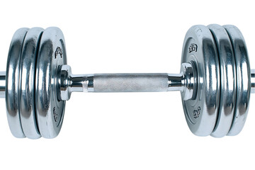 Naklejka premium A metallic dumbbell with multiple weight plates for strength training exercises.