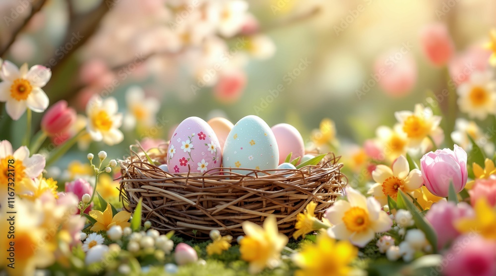 Poster nest with three eggs, surrounded by yellow and white flowers in the background. the setting appears 