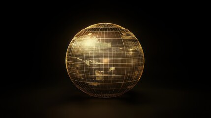 Glowing golden sphere, global network concept on black background.