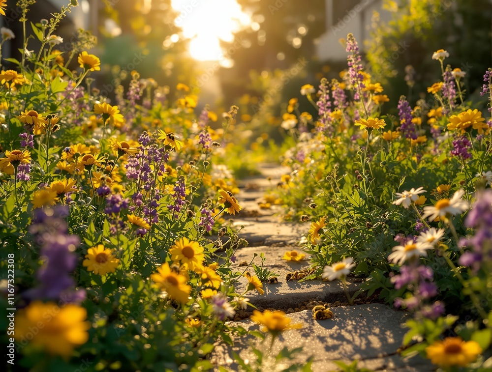 Poster garden path lined with colorful flowers, such as yellow and purple blooms, bathed in the warm glow o