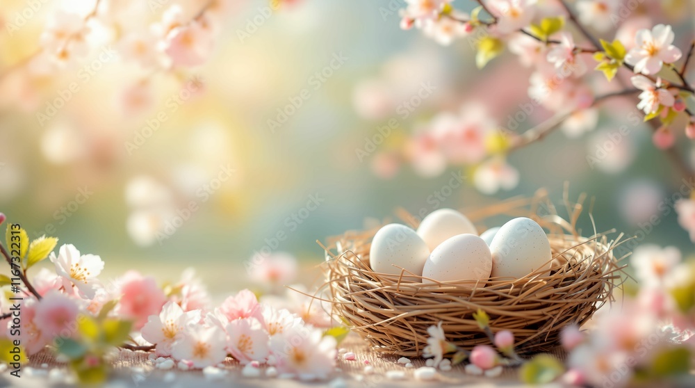 Poster nest with white eggs surrounded by cherry blossoms, creating a serene and delicate springtime scene.