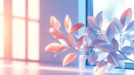 Fototapeta premium Pastel-colored leaves by window with soft light.