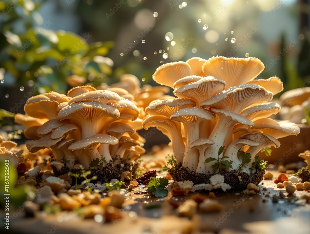 Poster group of mushrooms growing on the ground, surrounded by small pebbles and greenery. the sunlight is 
