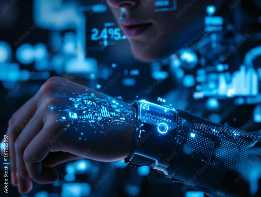 Aufkleber person is wearing a smartwatch with a digital interface displaying various data points and symbols, including a heart rate monitor and other health-related metrics. The background is a technological s