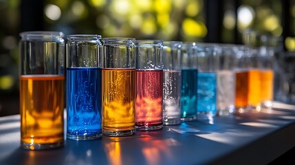row of glass cylinders filled with colorful liquids