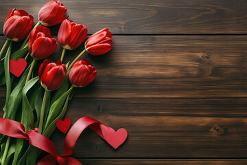 A bouquet of red tulips sits on a wooden table with a red heard-shape and ribbons. 