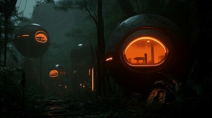 Futuristic spherical homes in a dark, misty jungle.