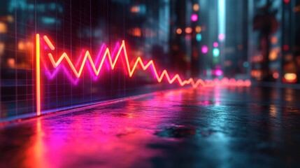 Neon graph line on wet urban street at night