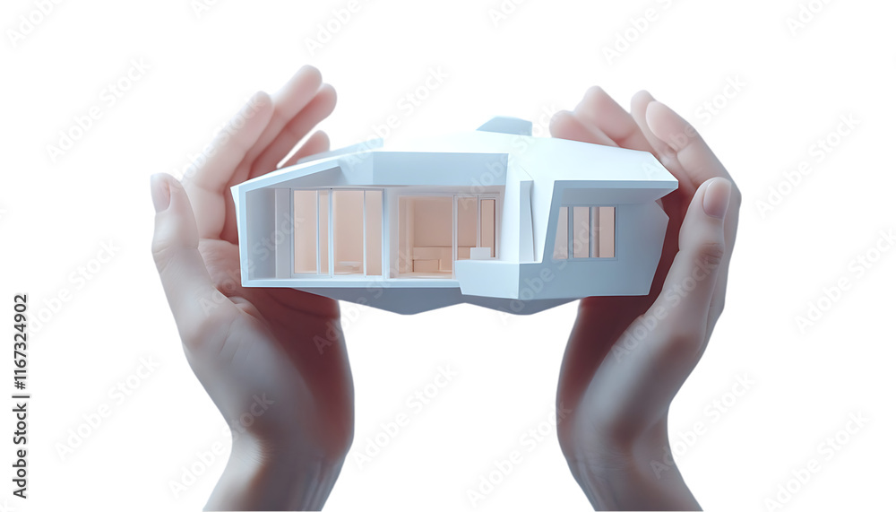 Poster a model house held in hands, symbolizing architecture and design concepts.