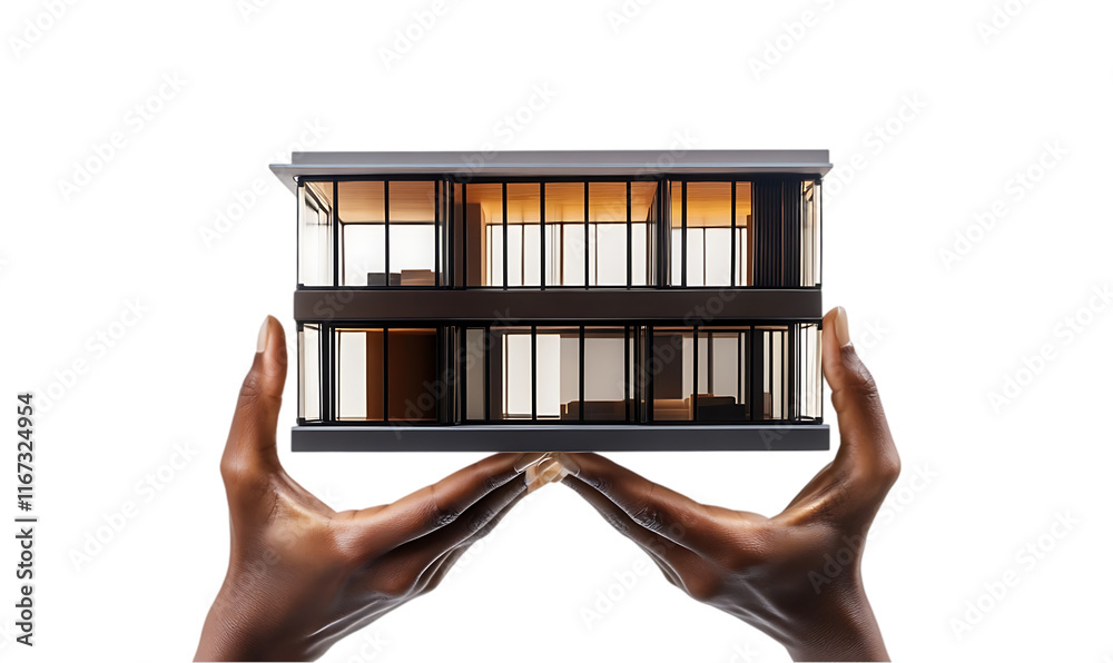 Poster a model of a modern building held in hands, showcasing architectural design.