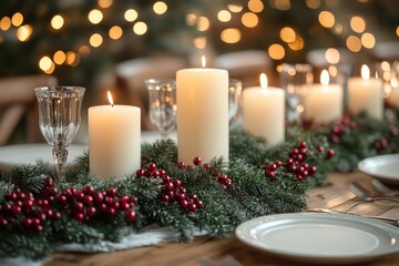 Elegant holiday table setting with candles and decorations