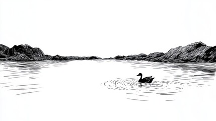 Solitary Swan on Serene Mountain Lake