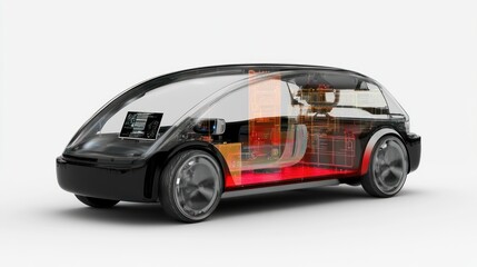 Transparent cutaway view of a modern electric car showcasing its internal components and technology.