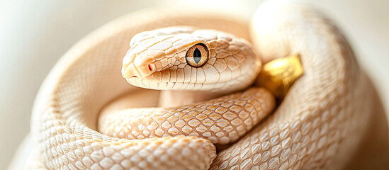 Fototapeta premium Colored, friendly snake curled around a gift box, eye-level top view.