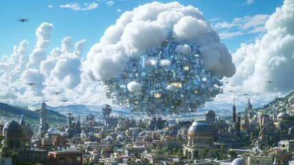 Futuristic city with data cloud, drones, and mountain backdrop.
