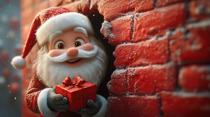 3D cartoon-style illustration, with a cute smiling Santa Claus peeking out from a hole in a red wall, holding a present box