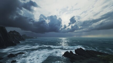 Fototapeta premium Nature's Fury Unleashed: Dramatic Stormy Seaside Scene with Violent Waves and Dark Clouds | Ultra-Detailed Photorealistic Ocean Landscape