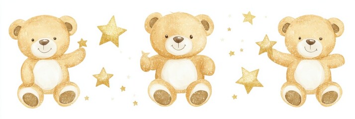 Fototapeta premium Cute glittering teddy bear clipart set with gold and white stars for spring design