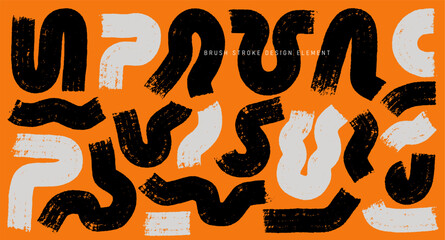 Set of brush stroke design element. Painted objects isolated. Collection of ink brush strokes. Vector grunge black and white brushes. Dirty textures of banners, frames, boxes, design elements.