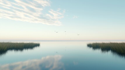 Fototapeta premium Tranquil Estuary: A Photorealistic Nature Scene of Serene Waters, Marsh Grasses, and Birds in Perfect Harmony