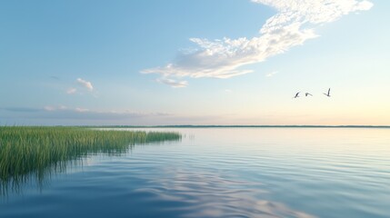 Tranquil Estuary: A Photorealistic Scene of Harmony Between Land and Sea with Calm Waters and Swaying Marsh Grasses