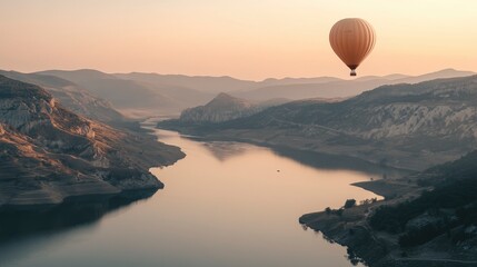 Fototapeta premium Photo of a hot air balloon flying over a lake and mountains at sunrise. A hot air balloon floating above the valley with a view of the river below. Travel concept, depicting a visualized