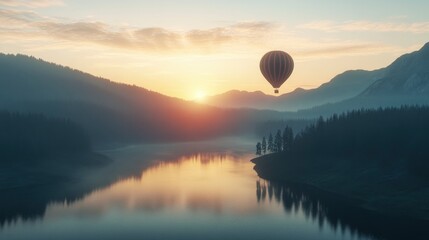 Photo of a hot air balloon flying over a lake and mountains at sunrise. A hot air balloon floating above the valley with a view of the river below. Travel concept, depicting a visualized