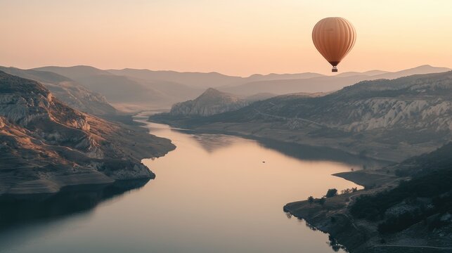 Photo of a hot air balloon flying over a lake and mountains at sunrise. A hot air balloon floating above the valley with a view of the river below. Travel concept, depicting a visualized