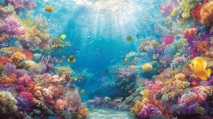 Fototapeta premium Sunlit Coral Reef Paradise: Vibrant Underwater World of Colorful Fish and Beauty