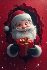 3D cartoon-style illustration, with a cute smiling Santa Claus peeking out from a hole in a red wall, holding a present box